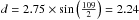 \hbox{$d=2.75\times \sin\left(\frac{109}{2}\right)=2.24$}
