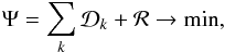\begin{equation} % \Psi = \sum_{k} \mathcal{D}_k + \mathcal{R} \rightarrow \mathrm{min}, \end{equation}
