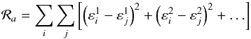 \begin{equation} \label{eq:mdi:regul:ra} \mathcal{R}_a = \sum_i \sum_j \left[ \left(\varepsilon_i^1 - \varepsilon_j^1\right)^2 + \left(\varepsilon_i^2 - \varepsilon_j^2\right)^2 + \ldots \right] \end{equation}