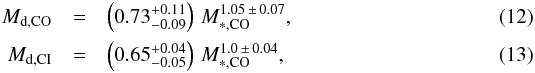 \begin{eqnarray} M_{\rm d,CO}&=&\left( 0.73^{+0.11}_{-0.09} \right)\, M_{\ast,\rm CO}^{1.05\,\pm\, 0.07}, \\ M_{\rm d,CI}&=&\left( 0.65^{+0.04}_{-0.05} \right)\, M_{\ast,\rm CO}^{1.0\,\pm\, 0.04}, \end{eqnarray}