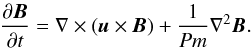 \begin{eqnarray} \frac{\partial{\vec B}}{\partial t}=\nabla\times({\vec u}\times{\vec B})+\frac{1}{Pm}\nabla^{2}{\vec B}. \label{eq:mag} \end{eqnarray}