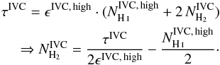 \begin{eqnarray} \tau^{\rm IVC} = \epsilon^{\rm IVC,\,high} \cdot (N_{\ion{H}{i}}^{\rm IVC,\,high} + 2\, N_{\rm H_2}^{\rm IVC}) \nonumber\\ \Rightarrow N_{\rm H_2}^{\rm IVC} = \frac{\tau^{\rm IVC}}{2\epsilon^{\rm IVC,\,high}} - \frac{N_{\ion{H}{i}}^{\rm IVC,\,high}}{2}\cdot \label{eq:molecular_column_density} \end{eqnarray}