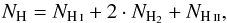\begin{equation} N_{\rm H} = N_{\ion{H}{i}} + 2\cdot N_{\rm H_2} + N_{\ion{H}{ii}}, \label{eq:col_dens} \end{equation}