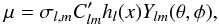\begin{equation} \mu= \sigma_{l,m} C_{lm}' h_l(x) Y_{lm} (\theta, \phi), \end{equation}