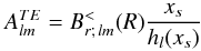 \begin{equation} \label{ATEml} A^{TE}_{lm}=B^<_{r;\,lm} (R)\frac{x_s}{h_l(x_s)} \end{equation}