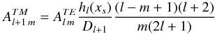 \begin{equation} \label{TMMl1} A^{TM}_{l+1 \, m}=A^{TE}_{l \, m} \frac{h_l(x_s)}{D_{l+1}} \frac{(l-m+1)(l+2)}{m(2l+1)} \end{equation}
