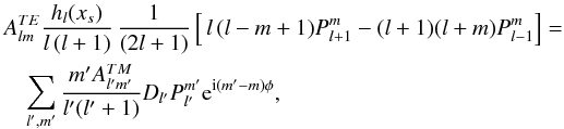 \appendix \setcounter{section}{1} \begin{eqnarray} && A^{TE}_{lm} \frac{h_l(x_s)}{l \,(l+1)}\, \frac{1}{(2l+1)} \left[\, l \,(l-m+1) P^m_{l+1}-(l+1)(l+m) P^m_{l-1} \right] = \nonumber \\ \label{eqmaitresse_2} &&\quad \sum_{l',m'} \frac{ m' A^{TM}_{l{'} m'}}{l'(l'+1)} D_{l'} P^{m'}_{l'} {\rm e}^{{\rm i} (m'-m) \phi}, \end{eqnarray}