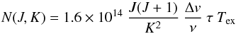 \appendix \setcounter{section}{1} \begin{equation} \label{N_tau} N(J,K) = 1.6 \times 10^{14} \ \frac{J(J+1)}{K^2} \ \frac{\Delta v}{\nu} \ \tau \ T_{\rm ex} \end{equation}