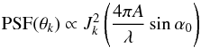 \begin{equation} \mbox{PSF}(\theta_k) \propto J_k^2\left(\frac{4\pi A}{\lambda}\sin\alpha_0\right) \label{eq:grat2} \end{equation}
