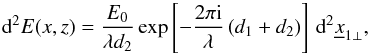 \appendix \setcounter{section}{1} \begin{equation} \mbox{d}^2E(x, z)=\frac{E_0}{\lambda d_2}\exp\left[-\frac{2\pi\mathrm{i}}{\lambda}\left(d_1+d_2 \right) \right]\, \mbox{d}^2\underline{x}_{1\perp}, \label{eq:HF_eq} \end{equation}