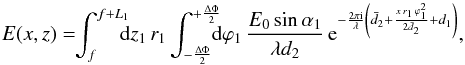 \appendix \setcounter{section}{1} \begin{equation} E(x, z)=\!\! \int_{f}^{f+L_1}\!\!\!\! \mbox{d}z_1\, r_1\int_{-\frac{\Delta\Phi}{2}}^{+\frac{\Delta\Phi}{2}}\!\!\!\!\mbox{d}\varphi_1\,\frac{E_0\sin\alpha_1}{\lambda d_2}\,{\rm e}^{-\frac{2\pi \mathrm{i}}{\lambda}\left(\bar{d}_2+\frac{x\, r_1 \,\varphi_1^2}{2\bar{d}_2} +d_1\right)}, \label{eq:HF_eq_bis} \end{equation}