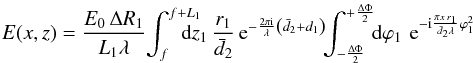 \appendix \setcounter{section}{1} \begin{equation} E(x, z)= \frac{E_0\, \Delta R_1}{L_1\lambda}\!\int_{f}^{f+L_1}\!\!\!\!\!\!\! \mbox{d}z_1\,\frac{r_1}{\bar{d}_2}\,{\rm e}^{-\frac{2\pi \mathrm{i}}{\lambda}\left(\bar{d}_2 +d_1\right)}\!\!\int_{-\frac{\Delta\Phi}{2}}^{+\frac{\Delta\Phi}{2}}\!\!\mbox{d}\varphi_1\,\,{\rm e}^{-\mathrm{i}\frac{\pi x\, r_1}{\bar{d}_2\lambda}\varphi_1^2} \label{eq:HF_eq_ter} \end{equation}