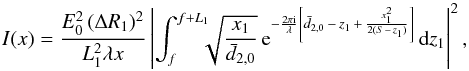 \begin{equation} I(x)=\frac{E^2_0\, (\Delta R_1)^2}{L_1^2\lambda x}\left|\int_f^{f+L_1}\!\!\!\!\sqrt{\frac{x_1}{\bar{d}_{2,0}}}\, {\rm e}^{-\frac{2\pi \mathrm{i}}{\lambda} \left[\bar{d}_{2,0}\,-\,z_1\,+\,\frac{x_1^2}{2(S\,-\,z_1)}\right]} \,\mbox{d}z_1\right|^2, \label{eq:intensity} \end{equation}