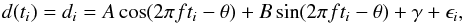 \begin{equation} \label{eqmod} d(t_i) = d_i = A\cos(2\pi ft_i - \theta) + B \sin(2\pi ft_i - \theta) + \gamma + \epsilon_i, \end{equation}