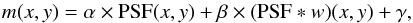 \appendix \setcounter{section}{1} \begin{equation} m(x,y) = \alpha \times \textrm{PSF}(x,y) + \beta \times (\textrm{PSF} \ast w)(x,y) +\gamma, \end{equation}