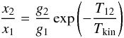 \begin{eqnarray} \label{eq:x2x1eq} \frac{x_2}{x_1} = \frac{g_2}{g_1} \exp{\left(-\frac{T_{12}}{T_{\rm kin}}\right)} \end{eqnarray}