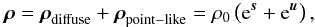 \begin{eqnarray} \bb{\rho} = \bb{\rho}_\mathrm{diffuse} + \bb{\rho}_\mathrm{point-like} = \rho_0 \left( \e^\bb{s} + \e^\bb{u} \right) , \label{eq:superposition} \end{eqnarray}