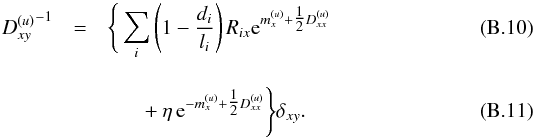 \appendix \setcounter{section}{2} \begin{eqnarray} {D_{xy}^{(u)}}^{-1} &=& \Bigg\{ \sum_i \left( 1 - \frac{d_i}{l_i} \right) R_{ix} \e^{m_x^{(u)} + \tfrac{1}{2} D_{xx}^{(u)}} \\[3mm] &&\quad \phantom{\Bigg\{} + \eta \, \e^{-m_x^{(u)} + \tfrac{1}{2} D_{xx}^{(u)}} \Bigg\} \delta_{xy} . \end{eqnarray}