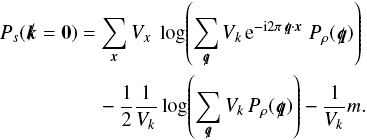 \appendix \setcounter{section}{2} \begin{eqnarray} P_s({\vec{k}}=\vec{0}) & = &\sum\limits_{\vec{x}}V_x \ \log\!\left( \sum\limits_{{\vec{q}}}V_k \, {\rm e}^{{\rm - i}2\pi\, {\vec{q}}\cdot\vec{x}}\ P_\rho({\vec{q}})\right)\nonumber\\ &&\quad - \frac{1}{2}\frac{1}{V_k} \log\!\left( \sum\limits_{{\vec{q}}}V_k \, P_\rho({\vec{q}}) \right) - \frac{1}{V_k} m. \end{eqnarray}