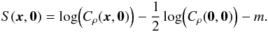 \begin{eqnarray} S(\vec{x},\vec{0}) = \log\!\left(C_\rho(\vec{x},\vec{0})\right) - \frac{1}{2} \log\!\left(C_\rho(\vec{0},\vec{0})\right) - m. \label{eq:real_space_backward} \end{eqnarray}