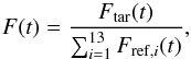 \begin{equation} \label{eqflux} F(t) = \dfrac {F_{\rm tar}(t)} {\sum_{i=1}^{13}F_{{\rm ref},i}(t)} , \end{equation}