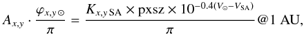 \begin{eqnarray} A_{x,y}\cdot \frac{\varphi_{x,y \, \odot}}{\pi}=\frac{K_{x,y\,\text{SA}}\times \text{pxsz}\times 10^{-0.4(V_ \odot -V_\text{SA} ) }}{\pi} @1~\rm AU, \label{abscal_reflectance_solar} \end{eqnarray}