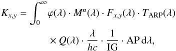 \begin{eqnarray} K_{x,y} = \int_0^\infty && \varphi(\lambda) \nonumber \cdot M^n(\lambda)\cdot F_{x,y}(\lambda)\cdot T_{\rm ARP}(\lambda) \nonumber \\ && \times Q(\lambda)\cdot \frac{\lambda}{hc} \cdot \frac{1}{\rm IG} \cdot {\rm{AP}} \, {\rm{d}}\lambda, \label{expcounts} \end{eqnarray}