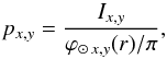 \begin{eqnarray} p_{x,y}=\frac{I_{x,y}}{\varphi_{\odot\,x,y}(r)/\pi}, \label{geom_albedo} \end{eqnarray}