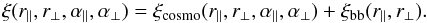 \begin{eqnarray} \xi (\rpar, \rperp,\apar,\aperp) = \xi_{\rm cosmo} (\rpar,\rperp,\apar,\aperp) + \xi_{\rm bb} (\rpar,\rperp). \label{xitheoryeq} \end{eqnarray}