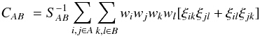 \appendix \setcounter{section}{1} \begin{eqnarray} C_{AB}\; = S_{AB}^{-1} \sum_{i,j\in A} \sum_{k,l\in B} w_i w_j w_k w_l [\xi_{ik}\xi_{jl} + \xi_{il}\xi_{jk}] \end{eqnarray}