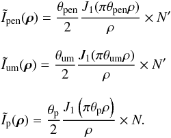 \appendix \setcounter{section}{1} \begin{eqnarray} && \tilde{I}_{\rm pen}(\vec{\rho}) = \frac{\theta_{\rm pen}} {2} \frac{J_{1}(\pi \theta_{\rm pen} \rho)} {\rho} \times N'\nonumber \\[2.5mm] && \tilde{I}_{\rm um}(\vec{\rho}) = \frac{\theta_{\rm um}}{2} \frac{J_{1}(\pi \theta_{\rm um} \rho)} {\rho} \times N'\nonumber \\[2.5mm] && \tilde{I}_{\rm p} (\vec{\rho}) = \frac{\theta_{\rm p}}{2} \frac{J_1 \left(\pi \theta_{\rm p} \rho\right)}{\rho} \times N . \label{equ:DSExopl+Tache} \end{eqnarray}