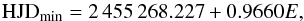 \begin{equation} \mathrm{HJD}_{\min} = 2\,455\,268.227 +0.9660 E \label{ephem}, \end{equation}