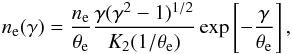 \begin{eqnarray} n_{\rm e}(\gamma)=\frac{n_{\rm e}}{\theta_{\rm e}}\frac{\gamma(\gamma^2 - 1)^{1/2}}{K_2(1/\theta_{\rm e})}\exp\left[-\frac{\gamma}{\theta_{\rm e}}\right], \end{eqnarray}