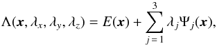 \begin{equation} \Lambda (\vec{x}, \lambda_{\it{x}}, \lambda_{\it{y}}, \lambda_{\it{z}}) = E(\vec{x}) + \sum_{j\,=\,1}^3 \lambda_j \Psi_j(\vec{x}) , \end{equation}