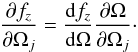 \begin{equation} \label{changevar} \frac{\partial\subrm{f}{\it{z}}}{\partial\Omega_j}=\frac{{\rm d}\subrm{f}{\it{z}}}{{\rm d} \Omega} \frac{\partial\Omega}{\partial\Omega_j}\cdot \end{equation}