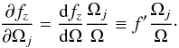 \begin{equation} \label{eqsimder} \frac{\partial\subrm{f}{\it{z}}}{\partial\Omega_j}= \frac{{\rm d} \subrm{f}{\it{z}}}{{\rm d} \Omega} \frac{\Omega_j}{\Omega}\equiv f^\prime\frac{\Omega_j}{\Omega}\cdot \end{equation}