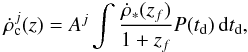 \begin{eqnarray} \dot{\rho}_{\rm c}^j(z) = A^j \int \frac{\dot{\rho}_*(z_f)}{1+z_f}P(t_{\rm d})\,{\rm d}t_{\rm d}, \label{eq:rateV} \end{eqnarray}