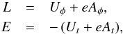 \begin{eqnarray} L &=& U_\phi + e A_\phi ,\nonumber \\ E &=& -\left( U_t + e A_t \right) \nonumber\!, \end{eqnarray}
