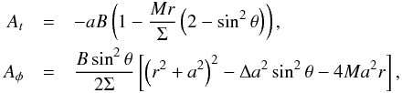 \begin{eqnarray} A_t &=& -aB\left(1-\frac{Mr}{\Sigma}\left(2- \sin ^2 \theta\right)\right), \nonumber \\ A_\phi &=& \frac{B \sin ^2 \theta}{2\Sigma} \left[\left(r^2+a^2\right)^2 - \Delta a^2 \sin ^2 \theta -4Ma^2r\right], \nonumber \end{eqnarray}
