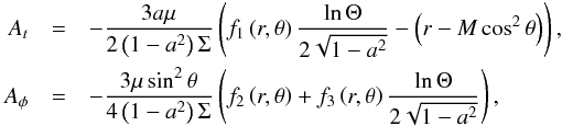\begin{eqnarray} A_t &=& -\frac{3a\mu}{2 \left(1-a^2\right) \Sigma}\left(f_1\left(r,\theta\right) \frac{\ln \Theta}{2 \sqrt{1-a^2}} -\left(r-M \cos ^2 \theta \right)\right), \nonumber \\ A_\phi &=& -\frac{3\mu \sin ^2 \theta}{4 \left(1-a^2\right) \Sigma} \left(f_2\left(r,\theta\right) +f_3\left(r,\theta\right)\frac{\ln \Theta }{2 \sqrt{1-a^2}} \right), \nonumber \end{eqnarray}
