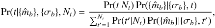 \appendix \setcounter{section}{1} \begin{equation} \prob(t | \{\est{m}_\band\}, \{ \sigma_\band \}, \ntype) = \frac { \prob(t | \ntype ) \, \prob(\{\est{m}_\band \} | \{\sigma_\band \}, t) } { \sum_{t^\prime=1}^{\ntype} \prob({t^\prime} | \ntype ) \, \prob(\{\est{m}_\band \} | \{\sigma_\band \}, {t^\prime}) }, \label{equation:bt} \end{equation}