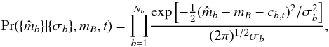 \appendix \setcounter{section}{1} \begin{equation} \prob(\data | \noise, \offset_B, t) = \prodband \frac{ \exp\left[- \frac{1}{2} ( \est{m}_\band - \offset_B - c_{\band, t})^2/\sigma_\band^2 \right] } { (2 \pi)^{1/2} \sigma_\band }, \label{equation:lik_1} \end{equation}