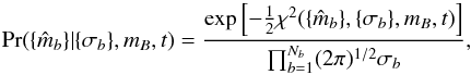 \appendix \setcounter{section}{1} \begin{equation} \prob(\data | \noise, \offset_B, t) = \frac{ \exp\left[- \frac{1}{2} \chi^2(\data, \noise, \offset_B, t) \right] } {\prodband (2 \pi)^{1/2} \sigma_\band }, \label{equation:chisq} \end{equation}
