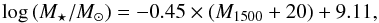\begin{equation} \log\,(\mstar/\msun)=-0.45 \times (\muv+20) + 9.11, \end{equation}