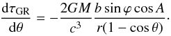 \begin{eqnarray} \label{dtau_dtheta} \frac{{\rm d}\tau_{\rm GR}}{{\rm d}\theta} = -\frac{2GM}{c^{3}}\frac{b\sin\varphi\cos A}{r(1-\cos\theta)}\cdot \end{eqnarray}