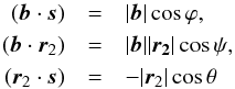 \begin{eqnarray} \label{angl_mult} ({\vec b}\cdot{\vec s})&=&|{\vec b}|\cos\varphi,\nonumber\\ ({\vec b}\cdot{\vec r}_2)&=&|{\vec b}||\vec{r_2}|\cos\psi,\nonumber\\ ({\vec r}_2 \cdot{\vec s})&=&-|{\vec r}_2|\cos\theta \end{eqnarray}