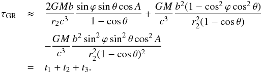 \begin{eqnarray} \label{total} \tau_{\rm GR}& \approx&\frac{2GMb}{r_2c^{3}}\dfrac{\sin\varphi\sin\theta\cos A}{1-\cos\theta}+\frac{GM}{c^{3}}\dfrac{b^2(1-\cos^2\varphi\cos^2\theta)}{r_2^2(1-\cos\theta)}\nonumber\\ & & -\frac{GM}{c^{3}}\dfrac{b^2\sin^2\varphi\sin^2\theta\cos^2 A}{r_2^2(1-\cos\theta)^2} \nonumber\\ &=& t_1 + t_2 + t_3 . \end{eqnarray}