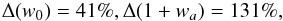\begin{eqnarray} \Delta(w_0) = 41\%, \Delta(1 + w_a) = 131\% , \end{eqnarray}