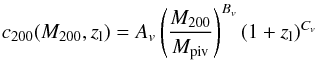 \begin{eqnarray} c_{200}(M_{200}, z_{\rm l}) = A_{v} \left ( \frac{M_{200}}{M_{\rm piv}} \right )^{B_v} (1 + z_{\rm l})^{C_v} \label{eq: mclaw} \end{eqnarray}