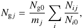 \begin{equation} N_{{\rm g}j}=\frac{N_{{\rm g}0}}{m_j}\sum_i{\frac{N_{ij}}{N_{i0}}}, \label{e:colless} \end{equation}